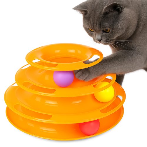 Kistappancs 3 szintes cicajáték forgó labdákkal – narancssárga toronyjáték 