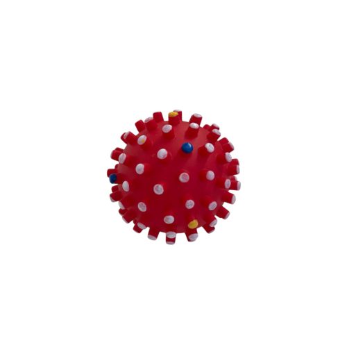 csipogós tüskés labda kutyáknak – piros, színes pöttyökkel 