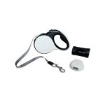 Automata póráz LED lámpával és kutyapiszokzacskó-tartóval – 5 méteres, fekete-fehér