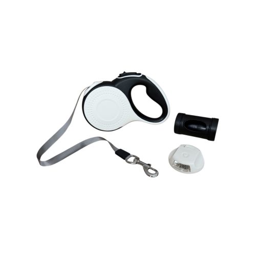 Automata póráz LED lámpával és kutyapiszokzacskó-tartóval – 5 méteres, fekete-fehér