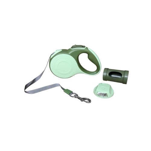 Automata póráz LED lámpával és kutyapiszokzacskó-tartóval – 5 méteres, zöld